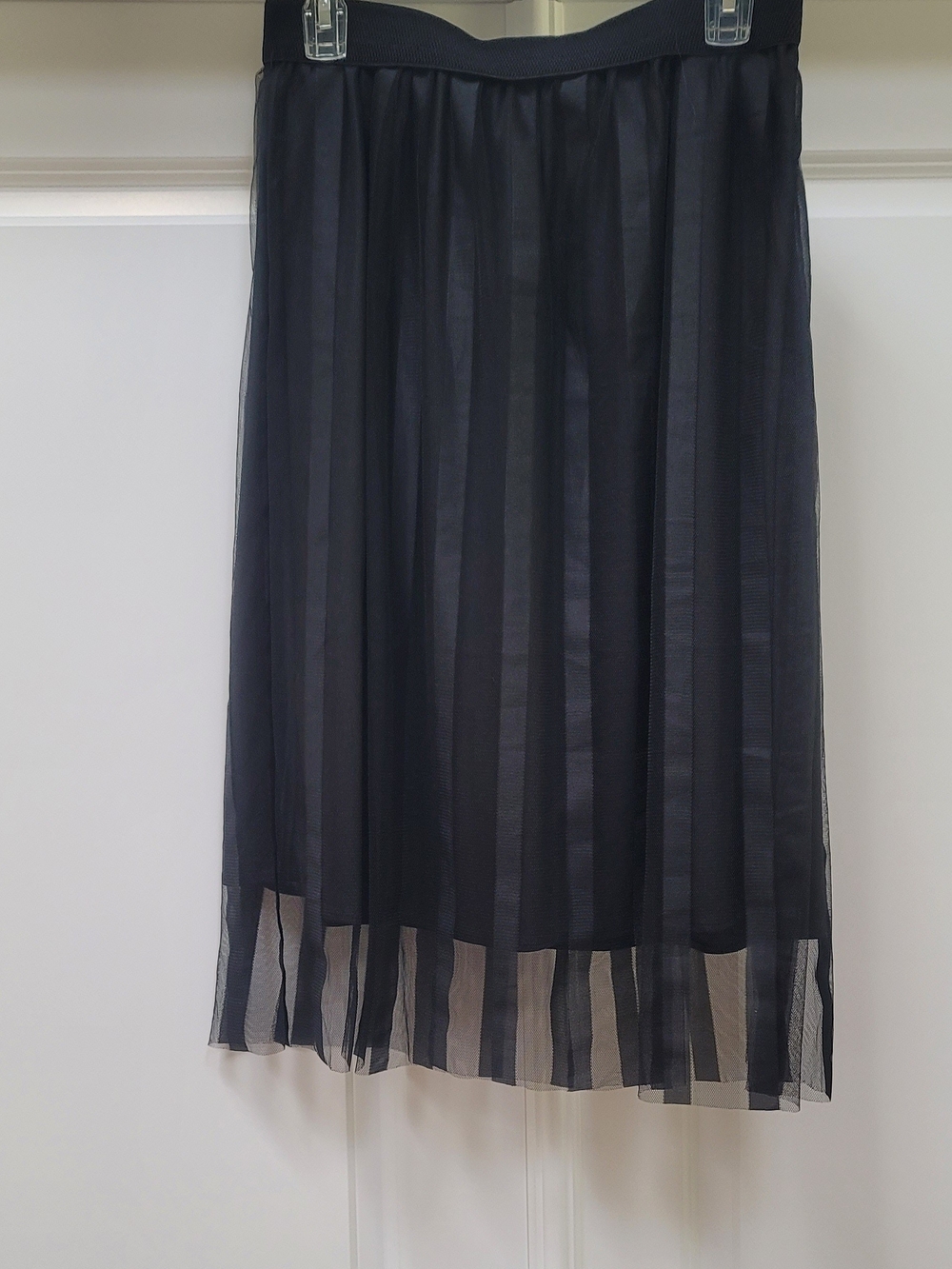 Black Pleated Midi Skirt with Sheer Overlay